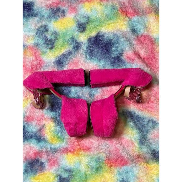Pink Faux Fur Platform Heels with Rhinestone Straps – Size 13 - Picture 3 of 8